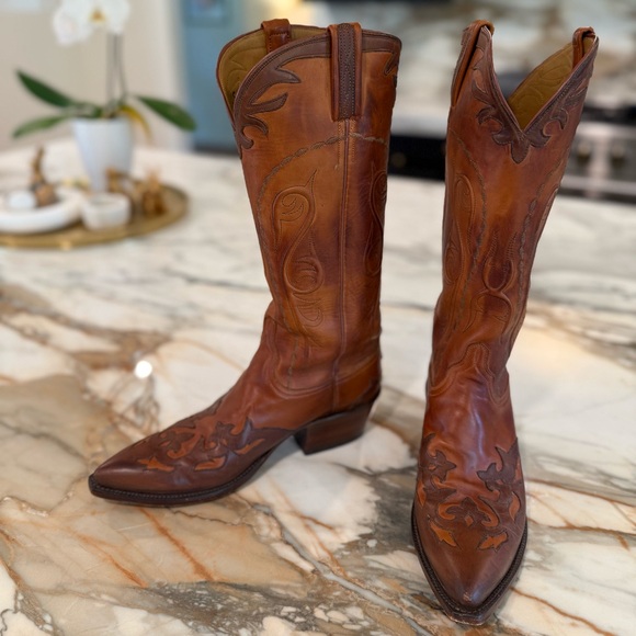 Lucchese Women’s Tall Chocolate + Saddle Brown Leather Cowboy Boots with Inlay - Picture 10 of 14